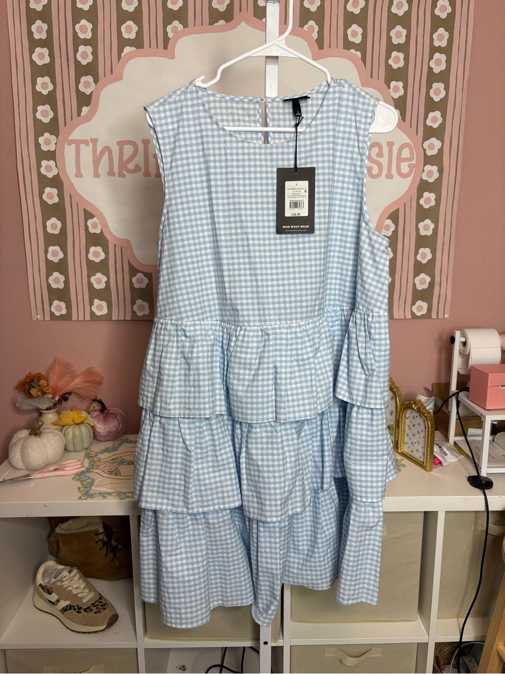 Who What Wear Gingham Tiered Dress Blue & White Size Large NWT